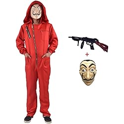 Mono de Ladrón de Banco para Carnaval,Disfraz de Ladrón Mono rojo de Manga Larga con Capucha,Conjunto de Cosplay Disfraces Máscara y ametralladora,Disfraz de Carnival Disfraz (Child-S-115-125)