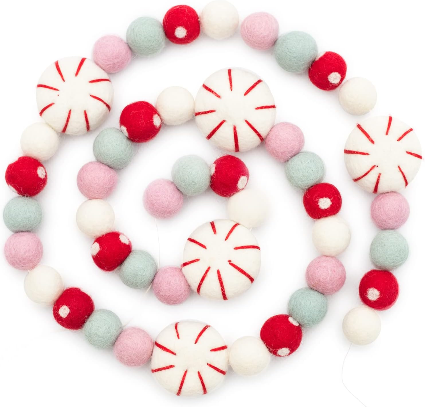 Wreaths, Garlands & Swags - Glaciart One Peppermint Felt Ball Garland - Pompom Holiday Decoration Hand-Made from Natural Wool - Cute Hanging Decor for Christmas Tree, Mantel, Kids Bedroom, Living Room, Nursery - 9 Feet Long