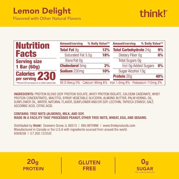 THINK! PROTEIN BARS, HIGH PROTEIN SNACKS, GLUTEN FREE, KOSHER FRIENDLY, LEMON DELIGHT, NUTRITION BARS, 2.1 OZ PER BAR, 10 COUNT (PACKAGING MAY VARY)