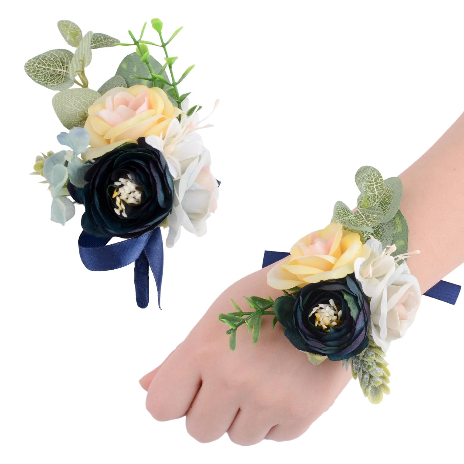 URROMA Wrist Corsage and Boutonniere Set, Blue and Yellow Rose Hand Flower for Prom Artificial Wedding Wrist Corsage for Wedding Party Prom