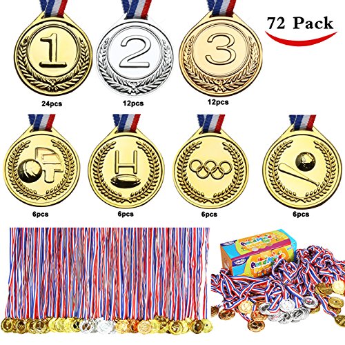 Joyin Toy 72 PCs Gold Medals for Party Favors, Classroom Rewards, Game Prizes (Gold, Silver, Bronze, Football, Basketball, Baseball and Olympic Award Medals)