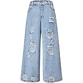 Nivne Tco Girls Ripped Baggy Jeans - Elastic Waist Wide Leg Denim Pants with Pockets for Kids