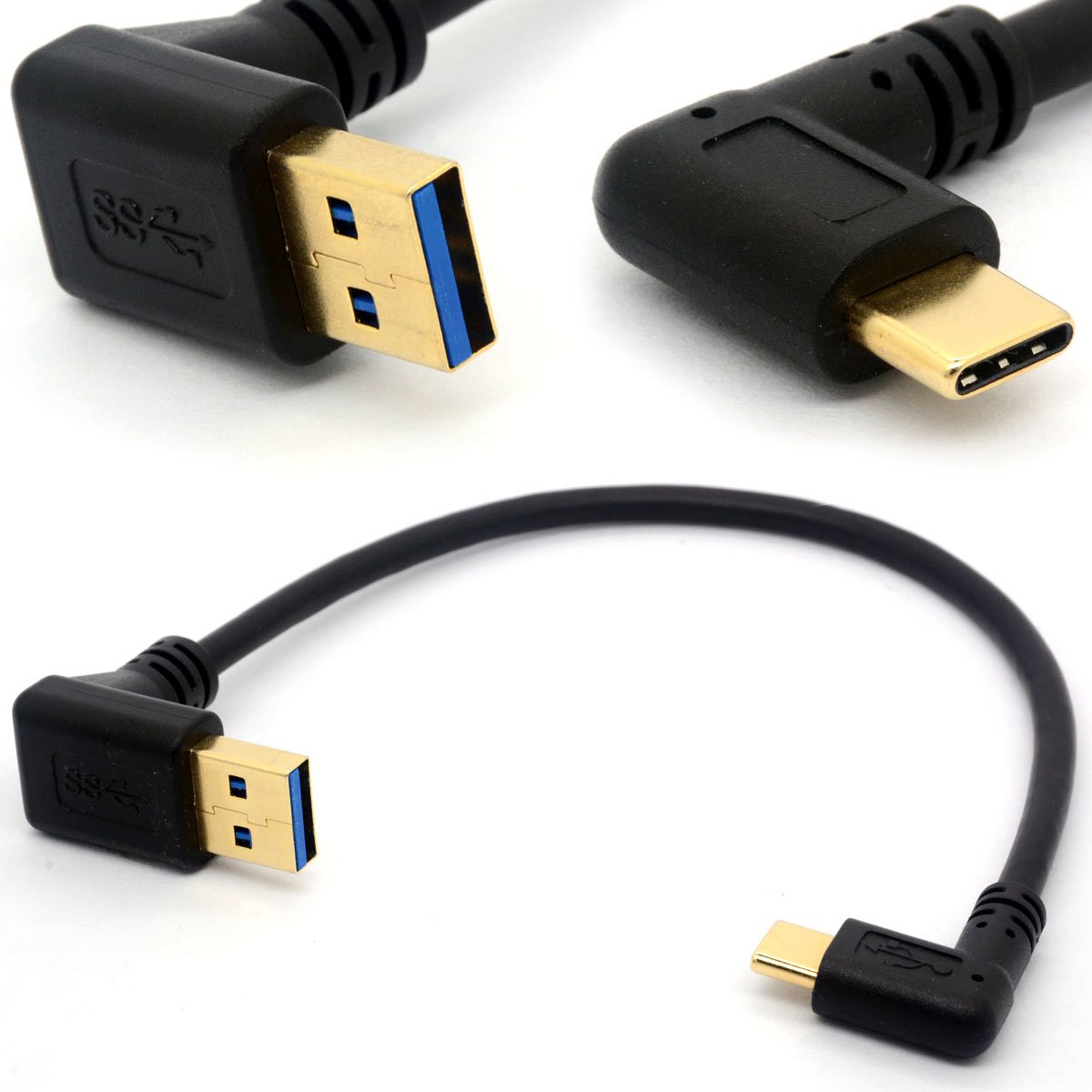 Gold Plated Angled USB C Cable Extension 90 Degree Type C to USB 3.0 Up Angle Male Converter Data Sync USB-C Adapter cord(90°Type C-USB A Right) (USB 3.0 Up) — image 1