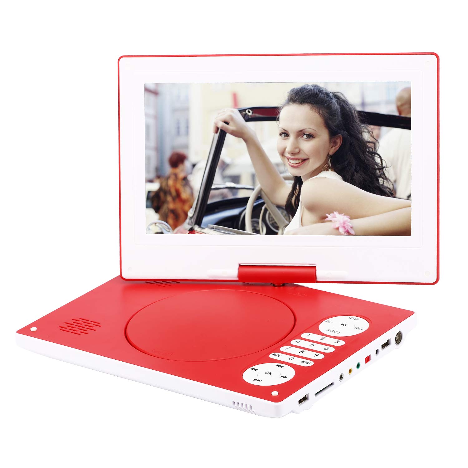 YOOHOO Portable DVD Player12.5" with 10.5" 270° Rotatable HD Swivel Screen With Rechargeable Battery AC Adapter Supports All-Region, multi region,car dvd players for kids（Red）