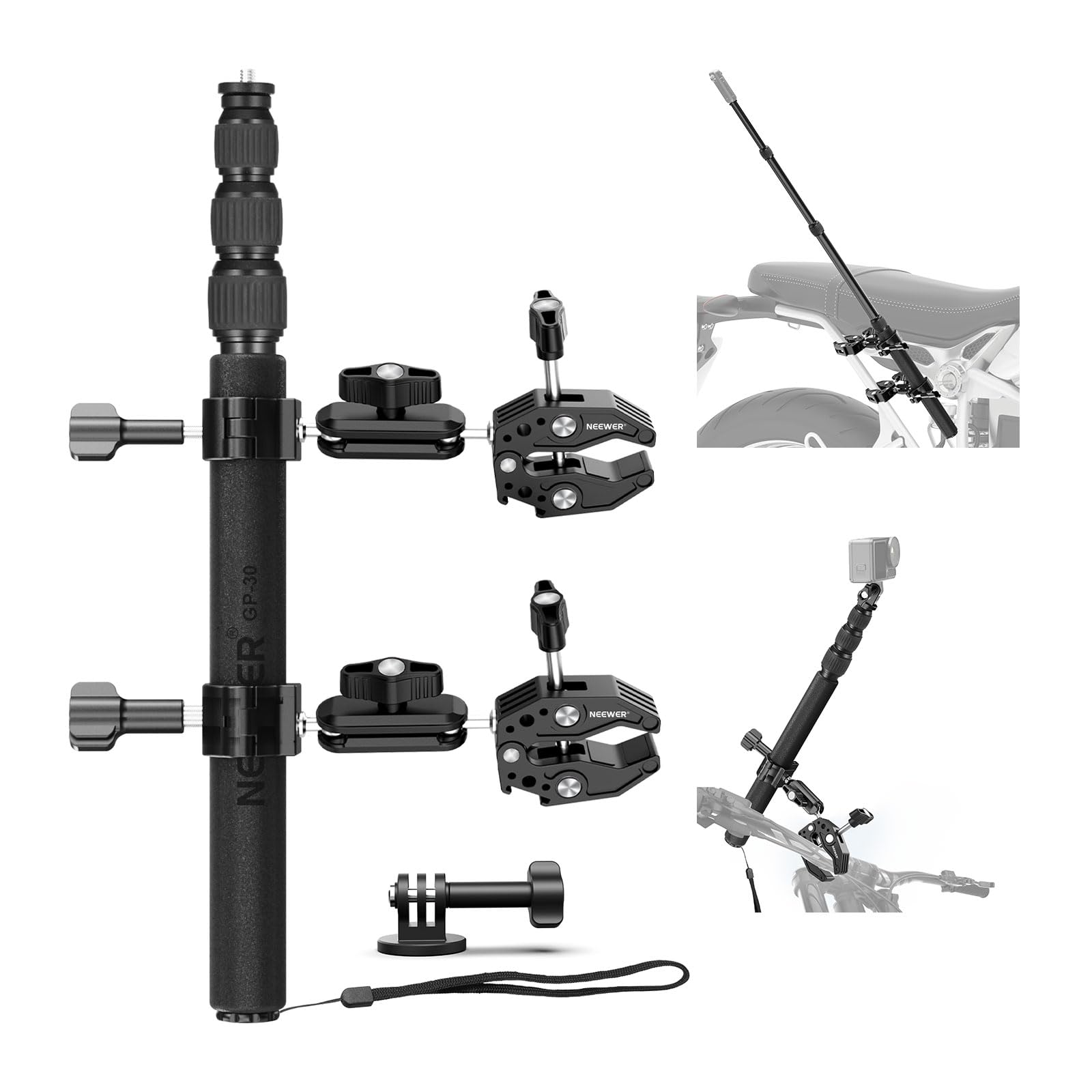 Photo 1 of **PARTIAL SET/check clerk comments**
NEEWER Motorcycle Mount Accessories Kit Compatible with GoPro Insta360 DJI, Bike Tail Handlebar Invisible Selfie Stick Double Clamp Holder with Action Camera Adapter for POV Video Recording, GP-30
