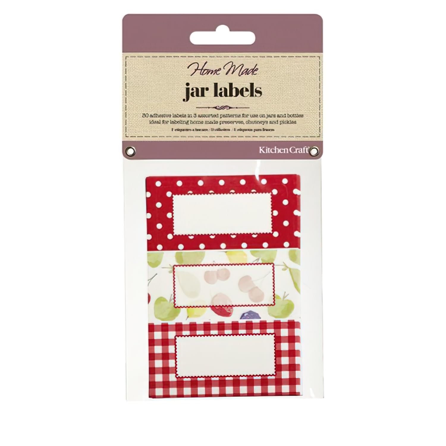 KitchenCraft Home Made Jam Jar Labels for Jars and Bottles, Orchard Designs, Red/White, Pack of 3
