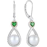 VESHON Heart Birthstone Pearl Earrings, 925 Sterling Silver Infinity Dangle Drop Leverback Earrings, 9mm Freshwater Cultured Pearl & 4mm Gemstone Jewelry Valentine's Day Gift for Women