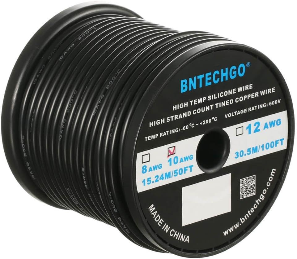 BNTECHGO 10 Gauge Silicone Wire Spool Black 50 ft Ultra Flexible High Temp 200 deg C 600V 10AWG Silicone Rubber Wire 1050 Strands of Tinned Copper Wire Stranded Wire for Model Battery Low Impedance