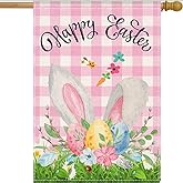 LHSION Happy Easter Bunny House Flag 28 x 40 Inch Easter Eggs Decorative Double Sided Burlap Flag for Spring Holiday Decoration