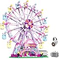 NEWRICE Rotating Ferris Wheel Building Blocks Kit,with Lights Amusement Park Building Construction Toys Set for 6+ Year Boys.Girls.Adult(870 Pieces) Pink