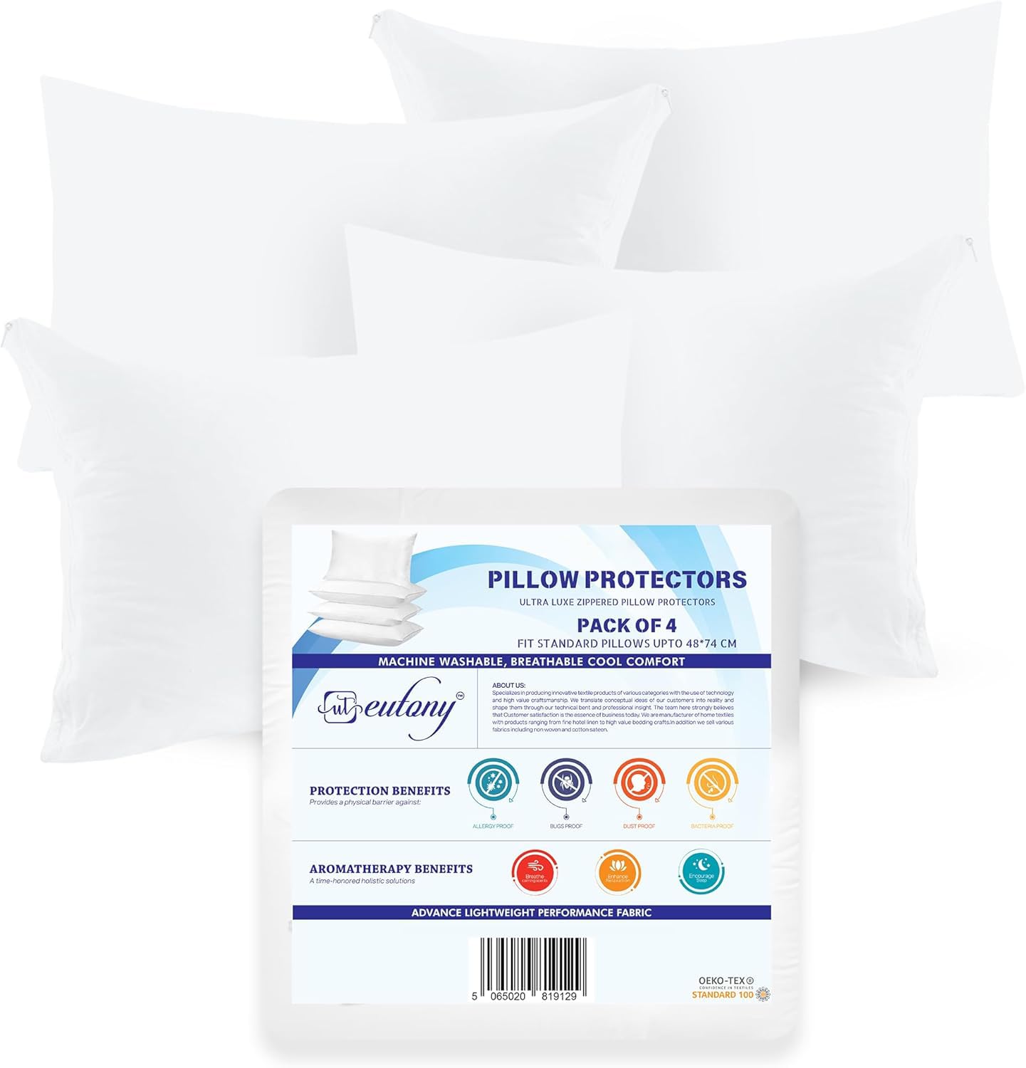Eutony 4 Pack PolyCotton Zipped Pillow Protectors - Ultra Luxe, Soft & Breathable Hypoallergenic 48 x 74cm - White