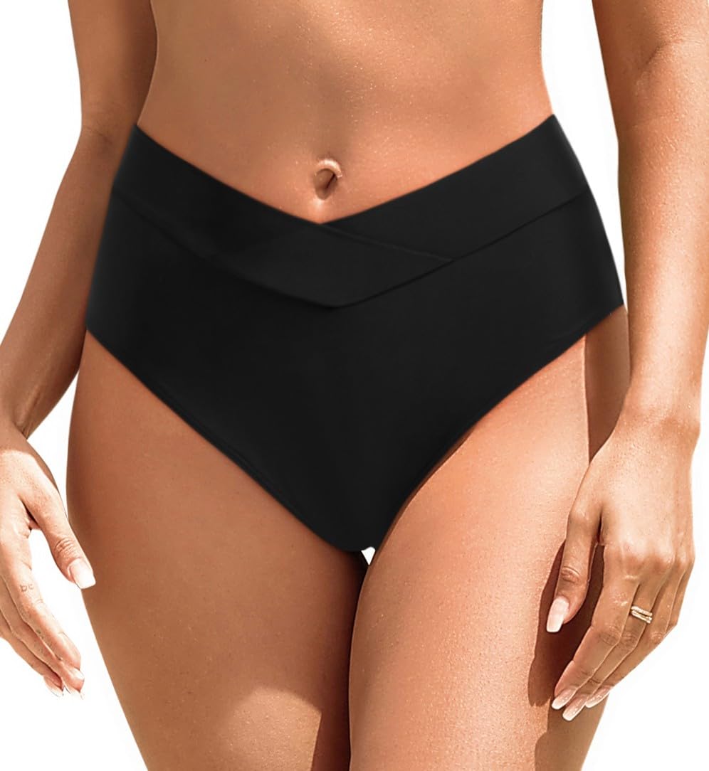 Photo 1 of Zmart Womens High Waisted Bikini Bottoms - V Cut Full Coverage Bathing Suit Swimsuit Bottom with Twist Front Black S