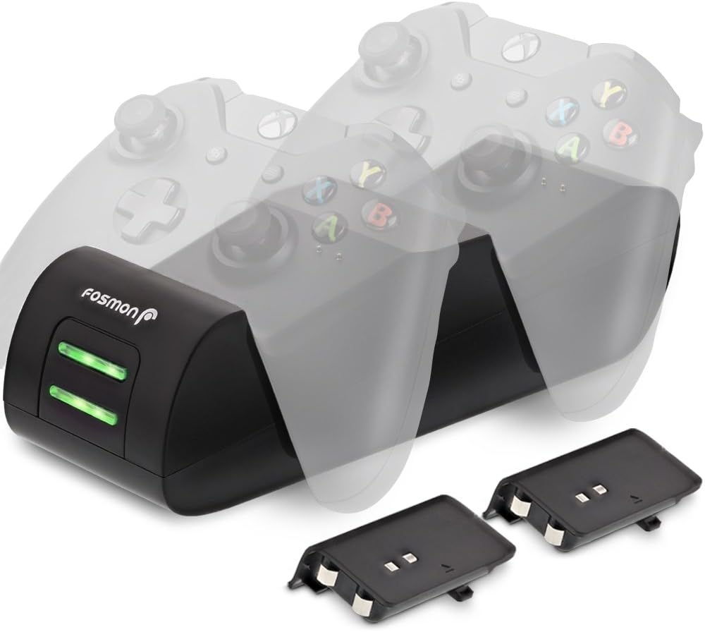Fosmon Dual Controller Charger Compatible with Xbox One/One X/One S Elite Controllers, (Two Slot) High Speed Docking Charging Station Kit with 2 Rechargeable Battery Packs - Black: Electronics