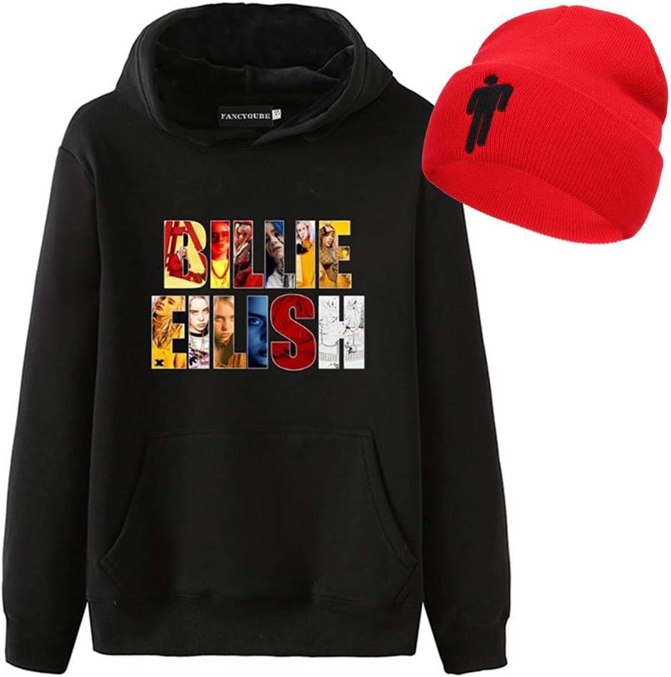 CREPUSCOLO Unisex Billie Eilish Hoodie with Beanie Knit Hat 2 Piece Set Stretchy Cap Long Sleeve Sweatshirt