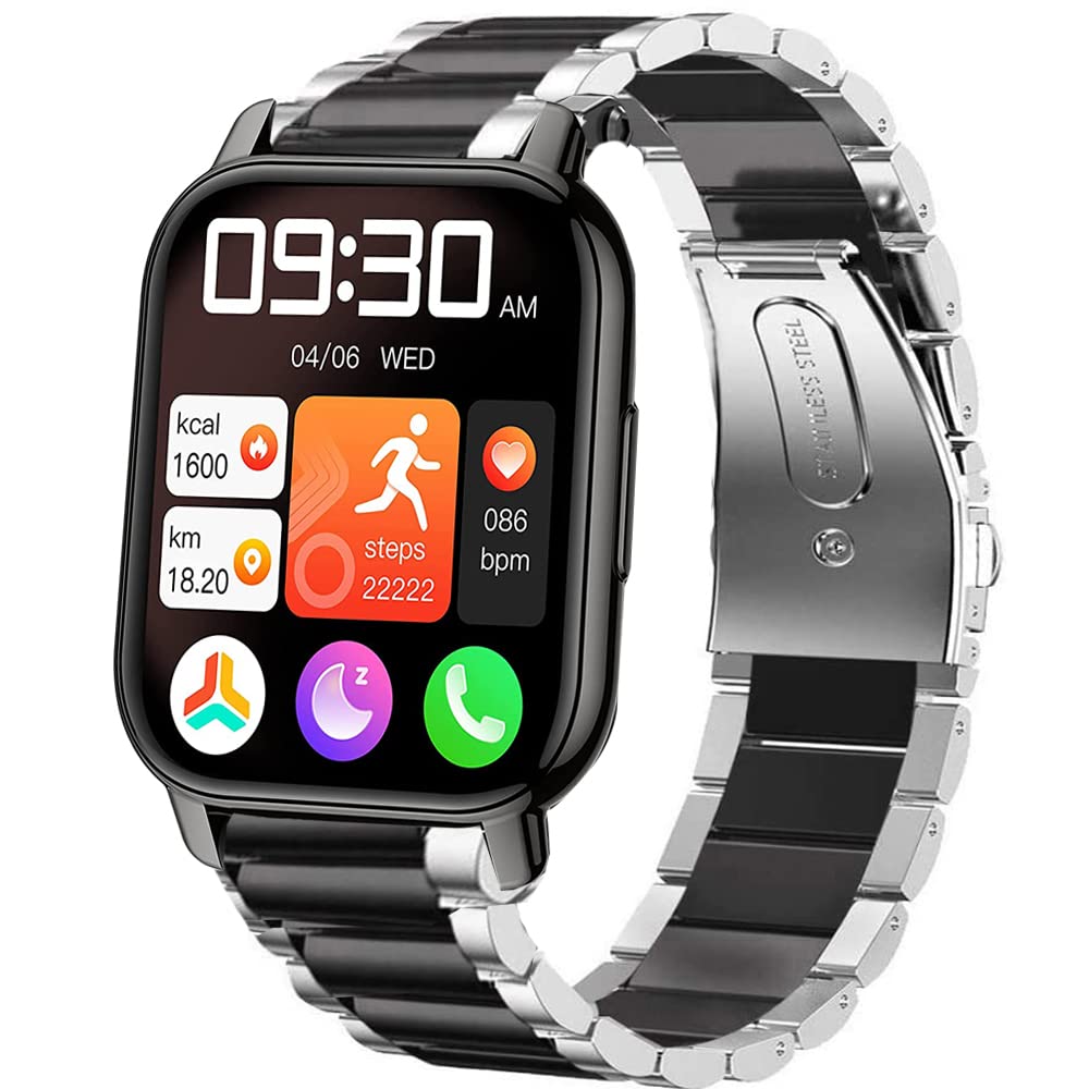 Blueshaweu Popglory 1.85 Smart Watch Bands, Stainless Steel Metal Replacement Strap Bracelet Compatible with 1.85'' P66 Watch/LESHIDO CS08 Watch/CS08/P66 Silver-Black