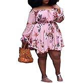 VERWIN Plus Size Print Long Sleeve Above Knee Sweet Cute Women's Midi Dress Floral A-Line Dress