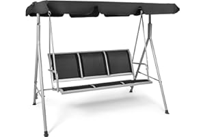 Vilobos Outdoor Patio Swing Chair, 3-Seater Porch Swing Bench with Adjustable Canopy and Duracble Metal Stand, Swing Set for Backyard, Porch and Garden, Black