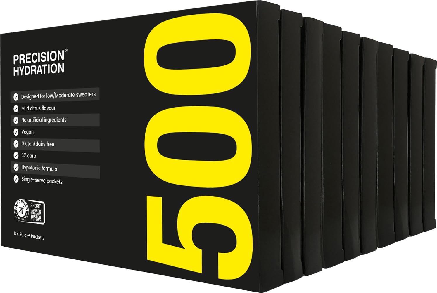 Precision Hydration Electrolyte Drink Mix - No Artificial Ingredients, Multi Strength Electrolyte Powders - Individual Waterproof Servings - Gluten/Dairy Free (500mg/L - Yellow Packet, Pack of 80)