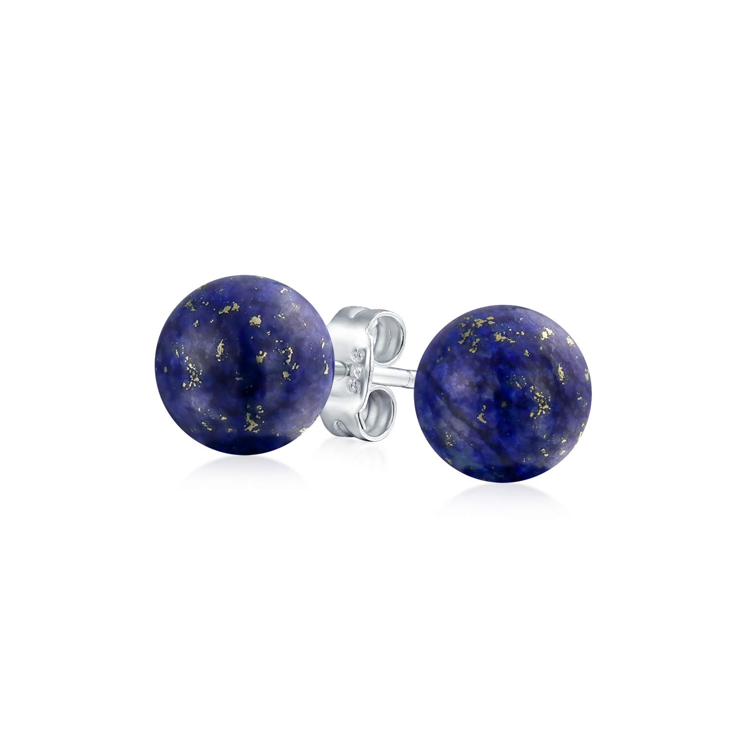 Simple Plain Dark Blue Lapis Lazuli Gemstone Round Circle Ball Stud Earrings For Women For Men .925 Sterling Silver 8MM — image 1