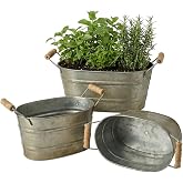 vensovo Set of 3 Oval Planter Buckets with Handles, Antique Galvanized Gold | Rustic Farmhouse Flower Tubs with Drain Holes and Plugs for Herbs, Succulents, Weddings and Tabletop Decor