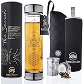 Sacred Lotus Love Double-Walled Glass Tea Infuser Bottle 14oz Portable Travel Mug with Strainer and Sleeve for Loose Leaf Tea, Coffee, Smoothies - Insulated Tumbler with Lid for Hot and Iced Beverages