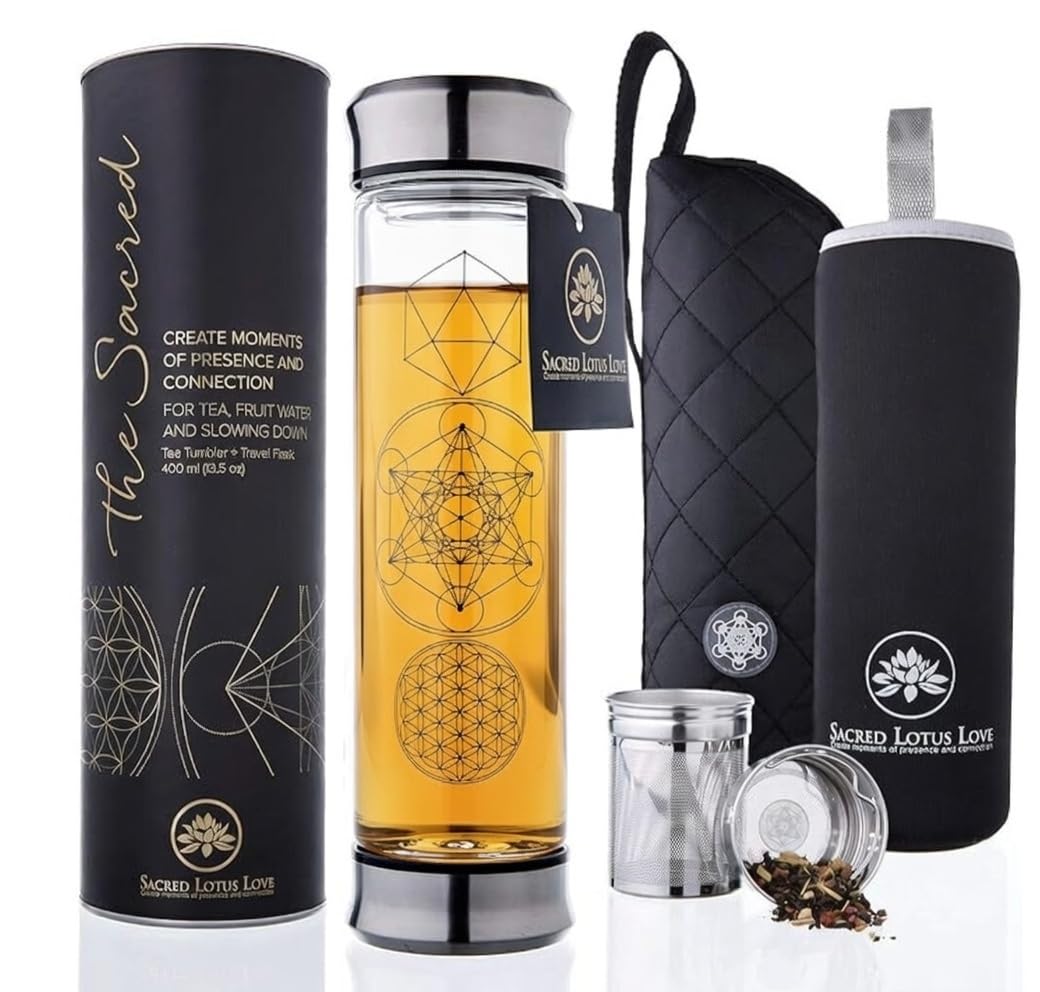 The Sacred Glass Tea Tumbler Bottle with Infuser and Strainer for Loose Leaf or Ice Tea. Cold Brew Coffee or Fruit Water Maker. 410ml Travel Bottle Mug