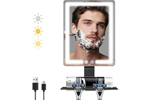 DESCHEN 2025 Updated Heated Shower Mirror Fogless for Shaving Men with 3 Color Lights, 5000mAh Rechargeable Anti Fog Shaving Mirror for Shower Fogless, 12.5×8" Borderless Mirror with Razor Holder