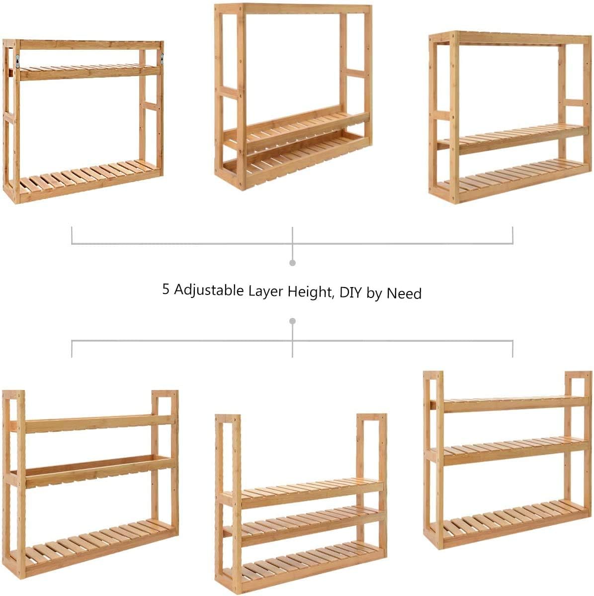 Domax Bamboo Bathroom Shelf 3-Tier Wall Mount Storage Rack Multifunctional Adjustable Layer Free Standing Over Toilet Utility Shelves Living Room Kitchen (Bamboo) - - 