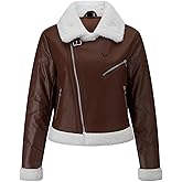 WYOYW Women Fur Leather Jacket Shearing Cropped Faux Fur Lined Moto Biker Coat