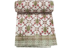 YUVANCRAFTS Indian Block Print Quilt Queen Kantha Quilts Kantha Throw Kantha Bedspread Blanket Cotton Bed Cover Quilt Boho Kantha Quilts Bedspread (Green & Red, Twin 90 X 60 Inch)