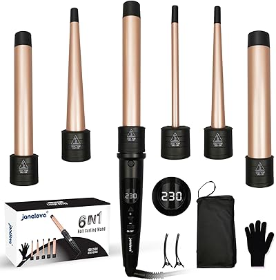 9-32mm Lockenstab mit Verschiedenen Aufsätzen - janelove 6 in 1 Lockenstab für Große Locken und Kleine Locken, 80°C-230°C Lockenstäb set für Kurze Haare mit Handschuhe & Nylontasche (Gold)