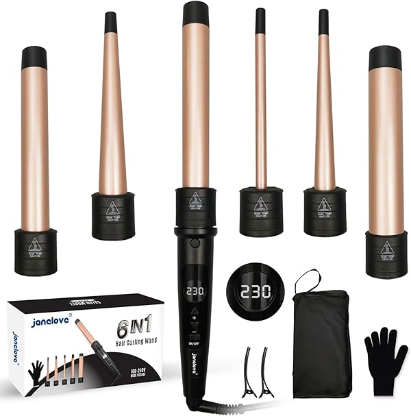 9-32mm Lockenstab mit Verschiedenen Aufsätzen - janelove 6 in 1 Lockenstab für Große Locken und Kleine Locken, 80°C-230°C Lockenstäb set für Kurze Haare mit Handschuhe & Nylontasche (Gold)