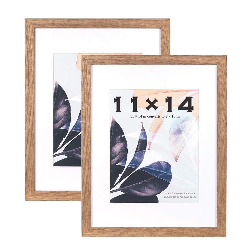 Brown Picture Frames 14x11 Inch 2 Pack, Wooden Picture Frame for Tabletop and Wall Mounting, Mount for Picture 8x10