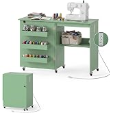 GIANTEX Folding Sewing Table with Charging Station, Storage Trays &amp; Shelf | Rolling Craft Table with Lockable Wheels, Foldable Sewing Machine Cabinet Desk for Small Spaces, Dorms, Sage