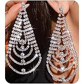 fxmimior Women Silver Rhinestone Earrings Dangling for Women Large Teardrop Statement Tassel Earrings Sparkly Drop Crystal Earrings Halloween Long Dangle Earrings for Party