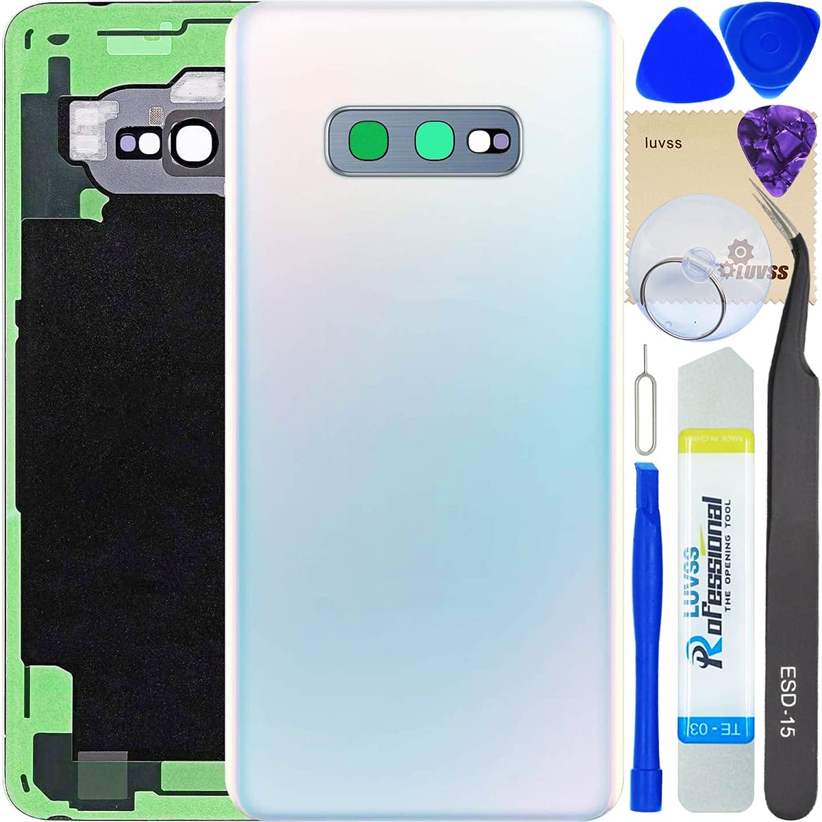 LUVSS for Samsung Galaxy S10e SM-G970 Backing Cover Glass Replacement Panel Case Housing + Camera Lens + Repair Manual DIY Tools Kit (White)