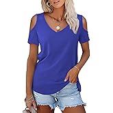 Amoretu Women's Short Sleeve Shirts Cold Shoulder Tops V Neck Blouse Tunic Shirts