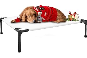 FIOCCO Elevated Dog Bed - Dog Cot with Chew Proof Mesh for Large Dogs, Waterproof Washable Raised Dog Bed, Portable Dog Bed for Outdoor Use, Dog Cots Beds, Beige Gold