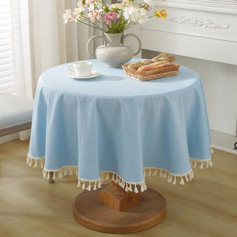 meioro Round Tablecloth Solid Color Tablecloths Tassel Table Cover Cotton Table Cover Multi-Purpose Indoor and Outdoor(Blue,Diameter 100cm)