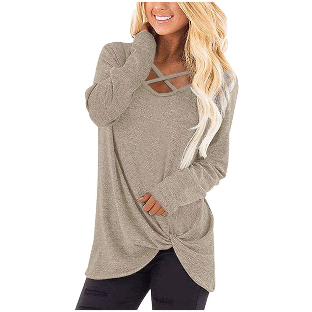 Musommer Women\'s Solid T Shirts Twist Knot Tunics Tops Blouses Womens Long Sleeve Pullover Tops Fitting Plain Shirts Beige