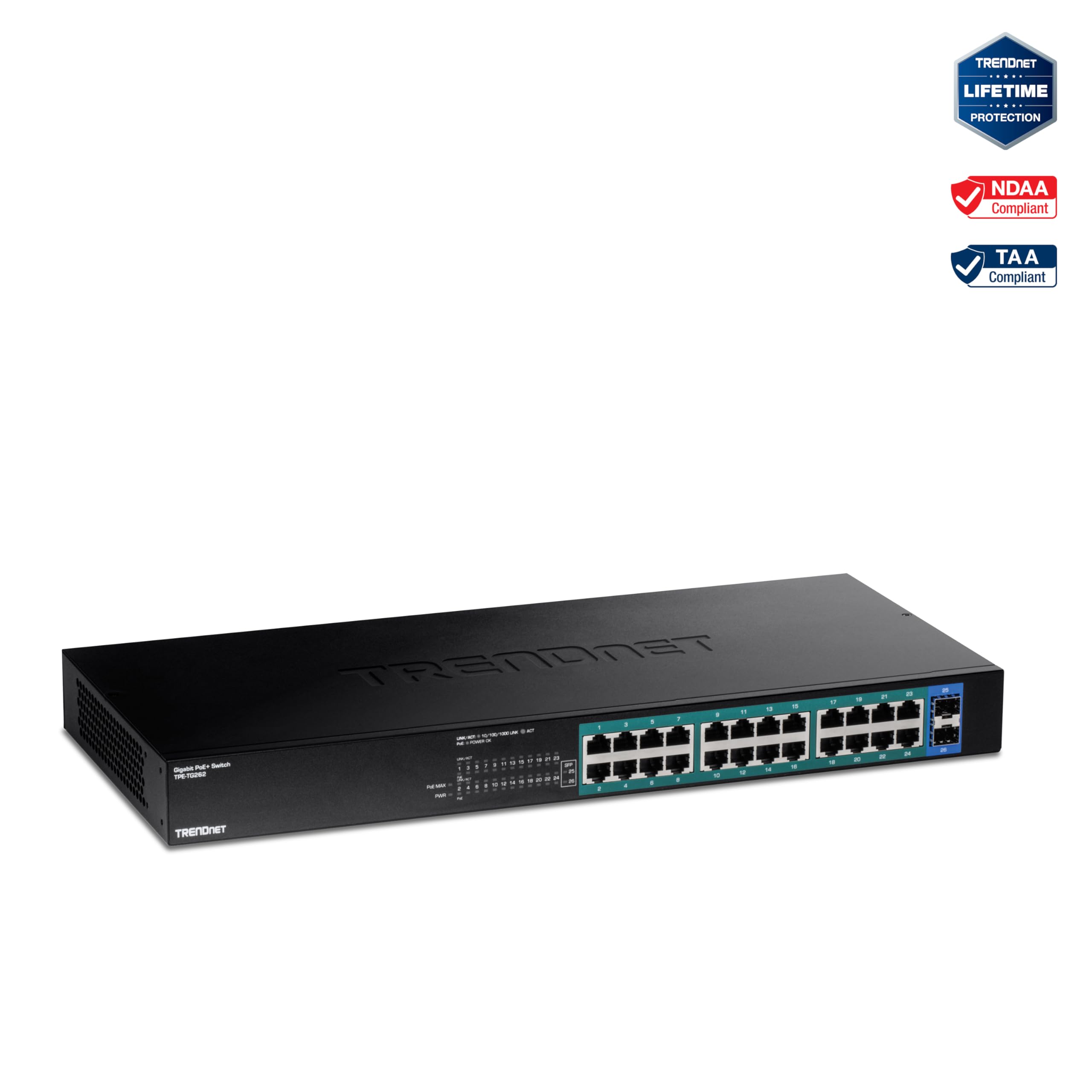 TRENDnet 26-Port Gigabit PoE+ Switch, TPE-TG262, 380W PoE Power Budget, 52Gbps Switching Capacity, Ethernet Splitter, NDAA & TAA Compliant, Lifetime Protection