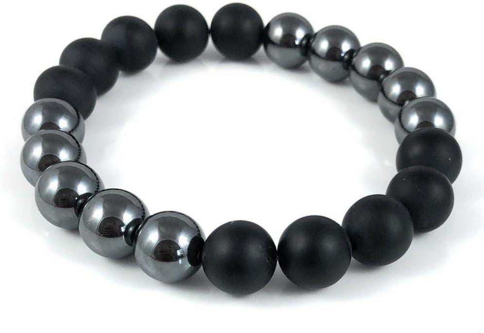 Ballari Mens Onyx and Hematite Bracelet, 10mm Black Bead Bracelet, Healing Hematite Bead Bracelet for Men, Root Chakra Bracelet