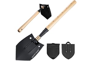 MASTIFF GEARS WWII M38 Military Style Folding Shovel - 1050 Steel, Nordic Beechwood Handle, Axe/Hammer, MOLLE Sheath for Camp