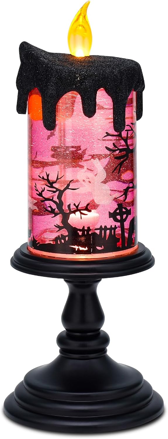 Tree Toppers - Halloween Snow Globe Candles Lighted Lamp, Lighted Flameless Candles with Water Glitter Swirls and Spooky Moving,Battery Operated (Bat)