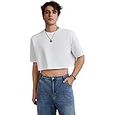 OYOANGLE Men's Half Sleeve Round Neck Drop Shoulder Cropped T Shirt Solid Summer Tee Tops