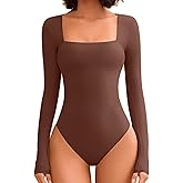 Avidlove Bodysuits for Women Sexy Long Sleeve Bodysuit Square Neck Double Lined Ruched Snap Closure Bodysuit Tops
