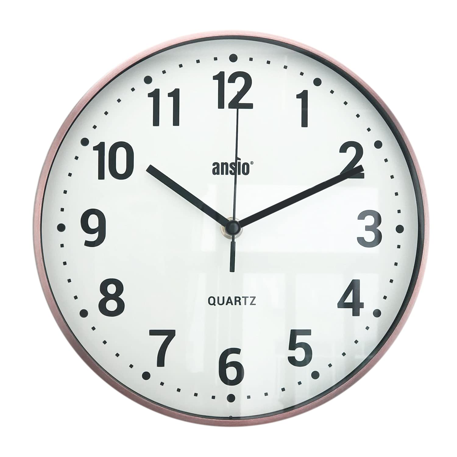 ANSIO Wall Clocks 10 inch/25.4cm For Living Room Modern, Large Wall Clock Ideal for Bedrooms, Kitchen, Office, Bathroom - Rose Gold Frame, White Background and Black Numbers, Silent Wall Clock