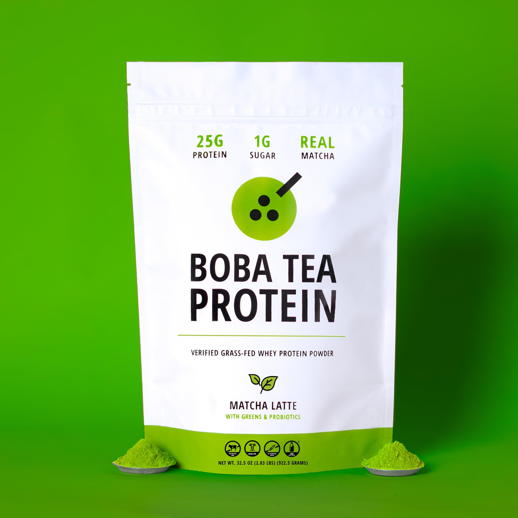 Boba Tea Protein Matcha Latte | 25g Grass-Fed Whey Protein Isolate Powder | Gluten-Free & Soy-Free Bubble Tea Protein Drink | Real Ingredients & Lactose-Free Protein Drink | 25 Servings