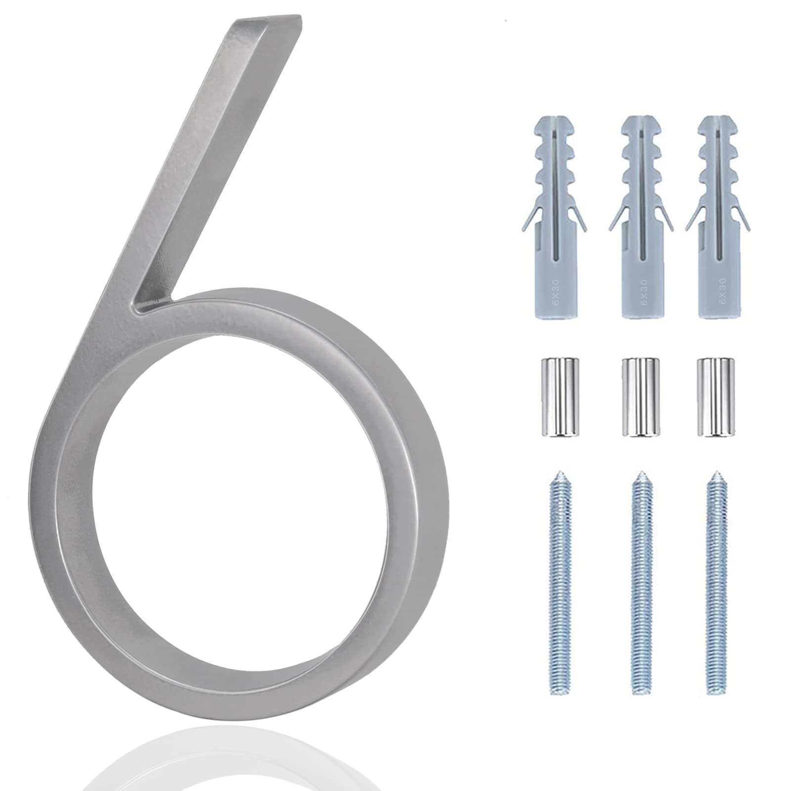 Photo 1 of Modern Address Numbers, 5 Inch Floating House Numbers, DIY Address Numbers with Screws for Outside, Rust Free Zinc Alloy, Silver Number 6