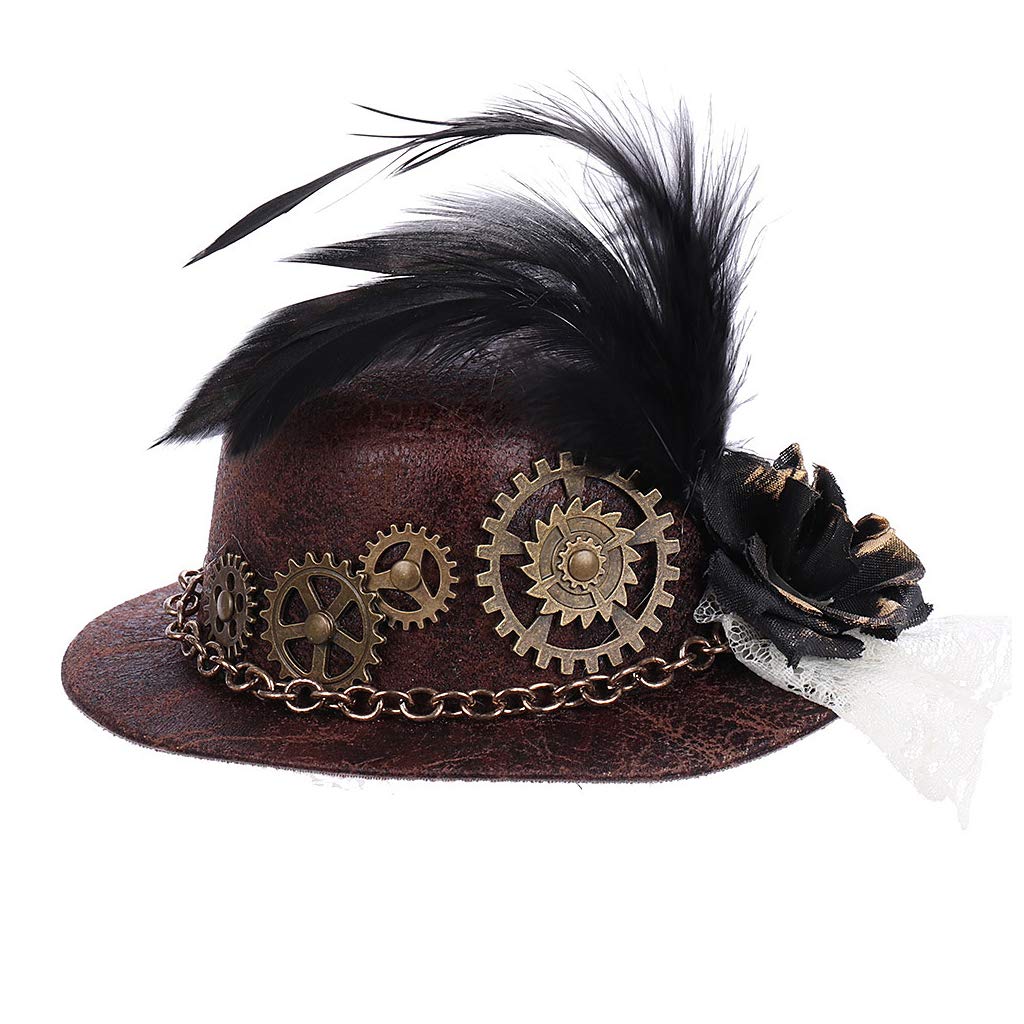 KAMONDA Hat,Halloween Gothic Mini Top Hat Steampunk Gears Chain Feather Cosplay Hair Clip,20x24cm, Red